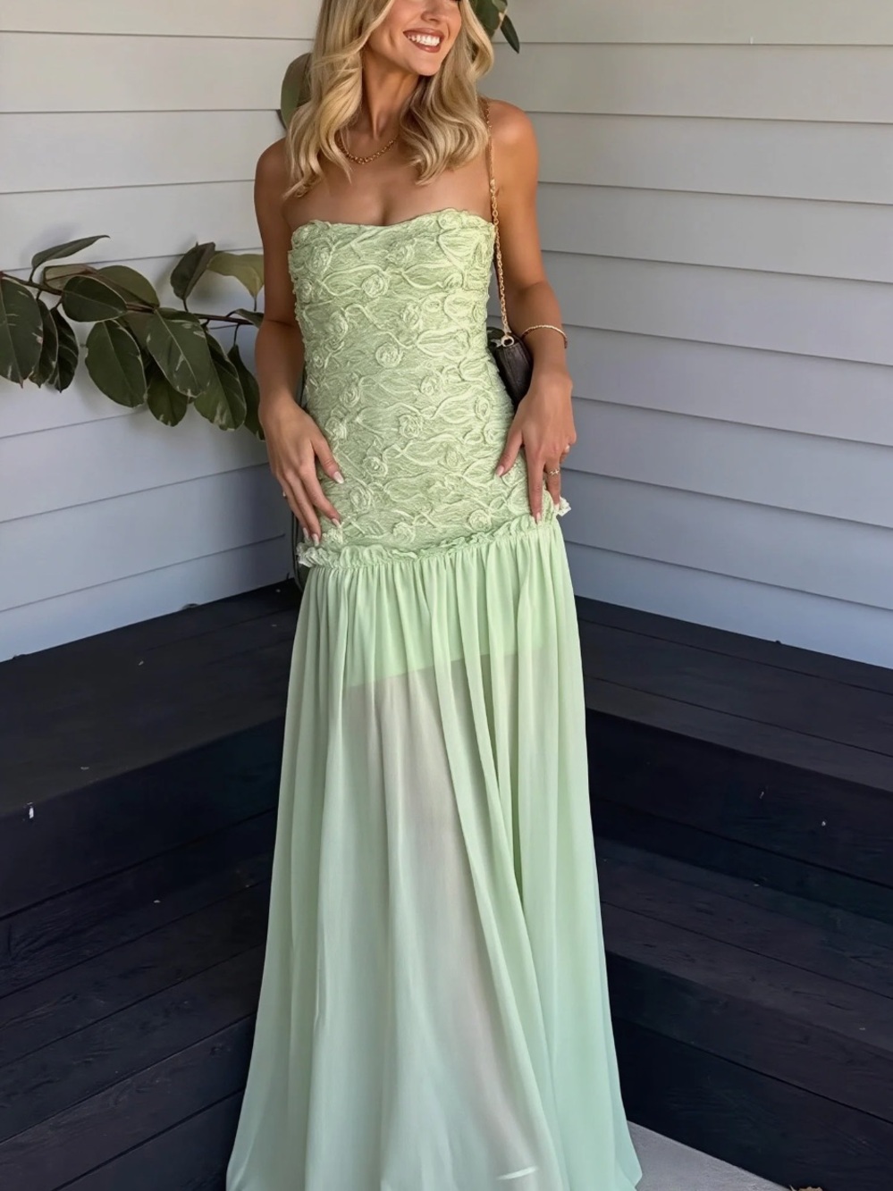 Strapless Lace Bodice Chiffon Maxi Dress - Light Green Cleo